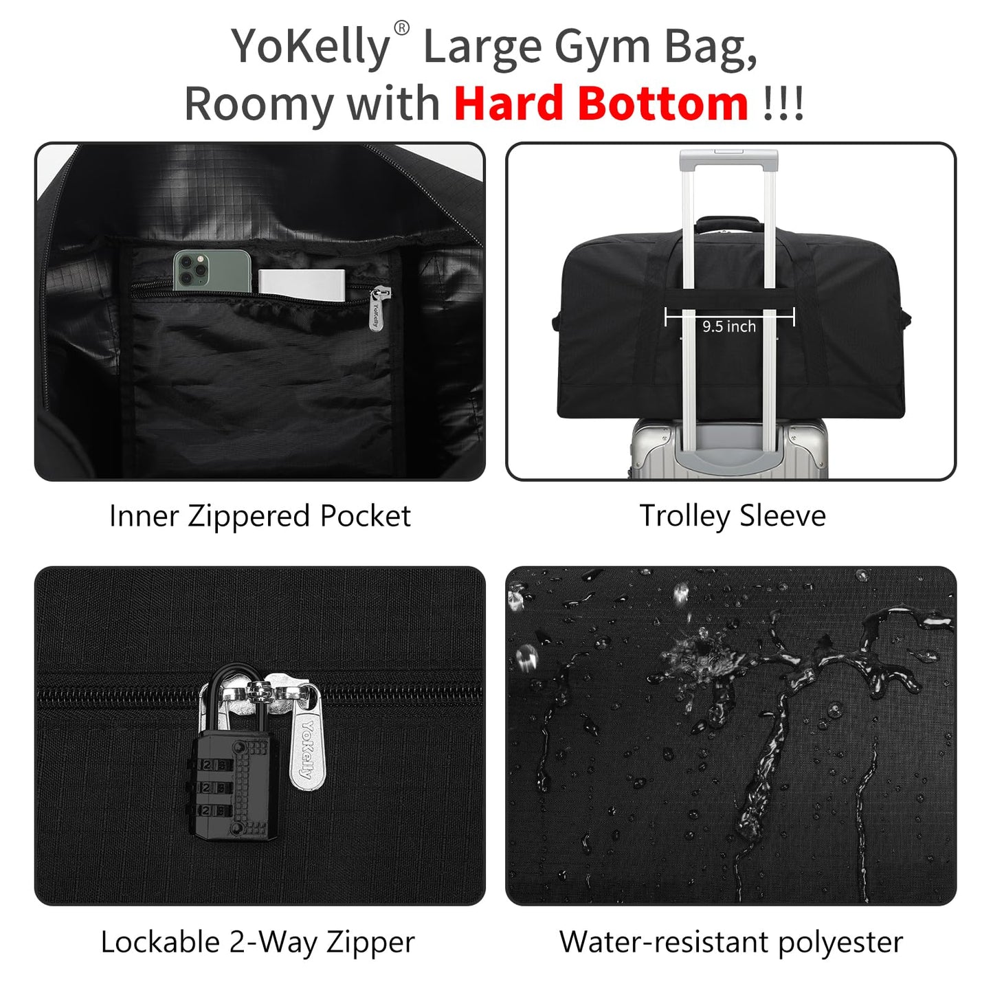 YoKelly 55L Large Duffle Bag for Men Travel - 25 inch Weekender Duffel Bag with Hard Bottom - Black