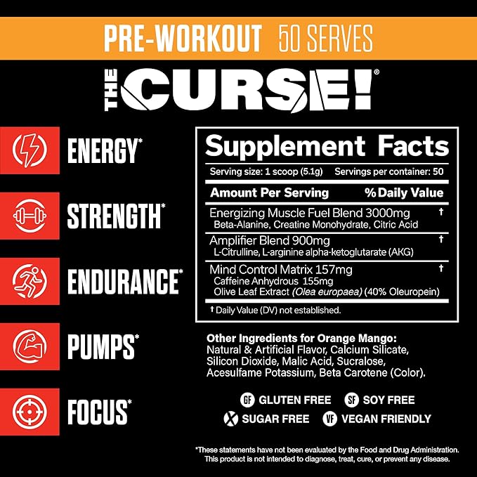 JNX SPORTS The Curse! Pre Workout Powder for Men & Women, Caffeine, Beta-Alanine, Creatine, L-Citrulline, 50 Servings, Orange Mango Flavor ??Boost Energy, Strength & Focus