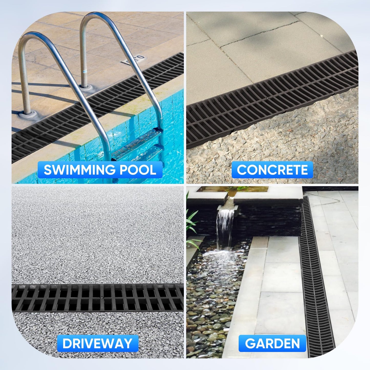 Trench Drain System, Channel Drain with Plastic Grate, 5.9x7.5-Inch HDPE Drainage Trench, 5x39 Trench Drain Grate, with 5 End Caps Black Plastic Trench Drain, for Garden, Driveway-5 Pack