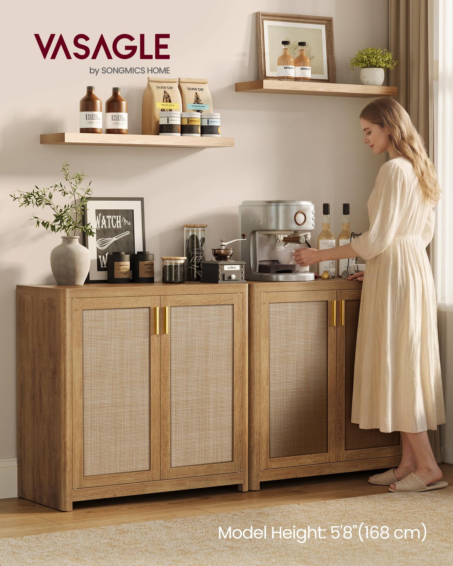 VASAGLE ELLAN Collection - Boho Buffet Cabinet with Rattan-Look Doors, Sideboard Storage Cabinet, Rounded Corners, Adjustable Shelf, for Kitchen, Natural Brown UBBK345KC01