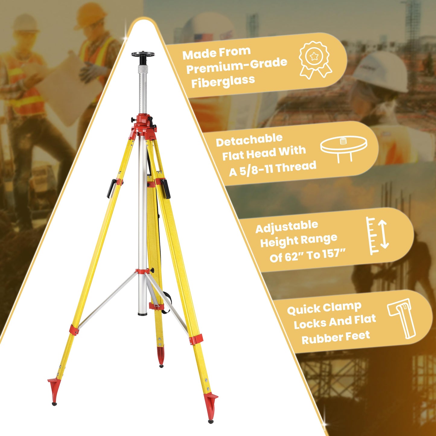 AdirPro Giant 157" Wood/Fiberglass Elevating Tripod, Heavy Duty Multifunctional Tripod for Rotary Lasers - Great for GPS and Robotic Surveying Instruments