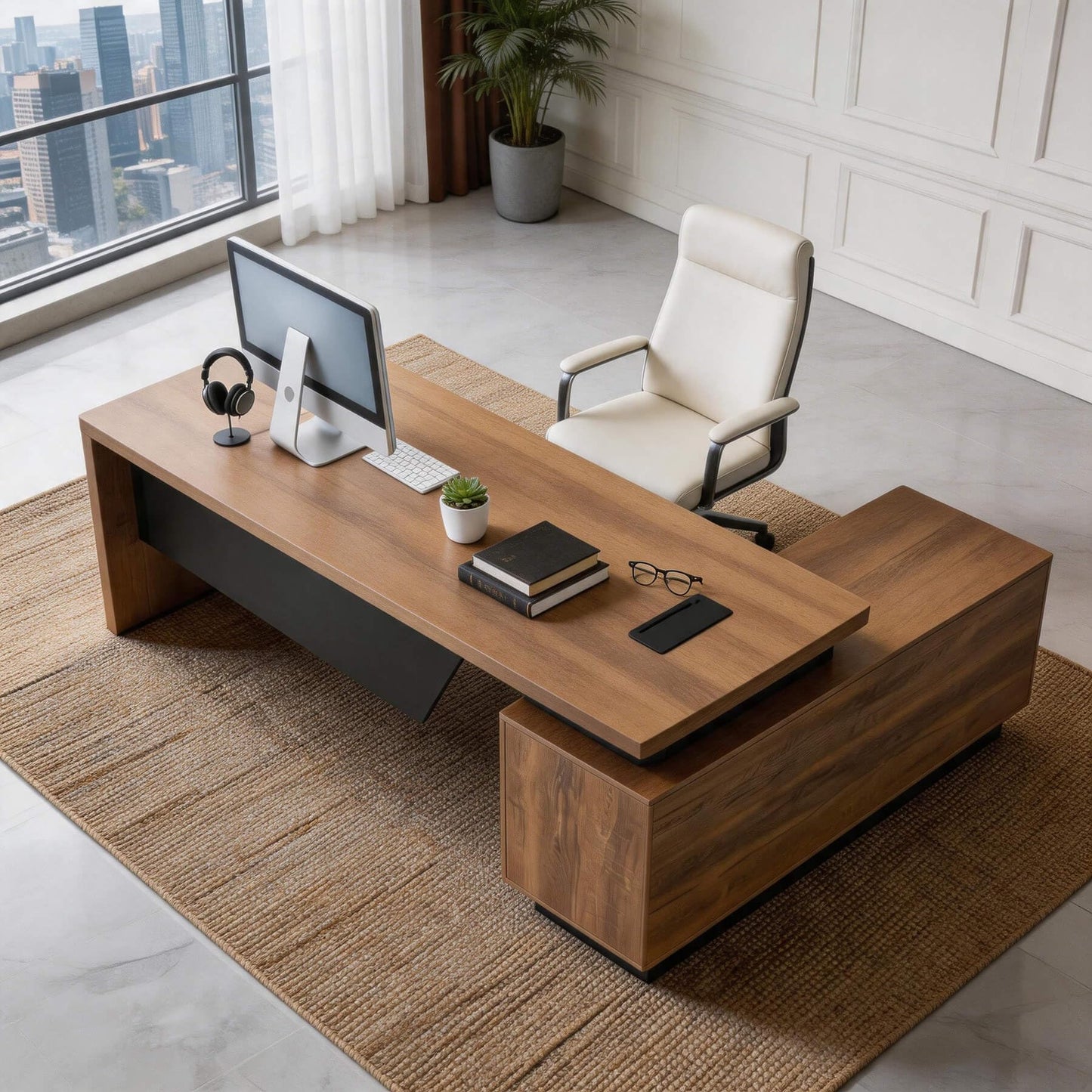 Retractable L-Shaped Executive Desk, Modern Office Desk with locking Drawers and File Cabinet, Large Computer Desk with Storage Shelves, Workstation for Home Office (Left Return, 70.86 - 78.7 IN)