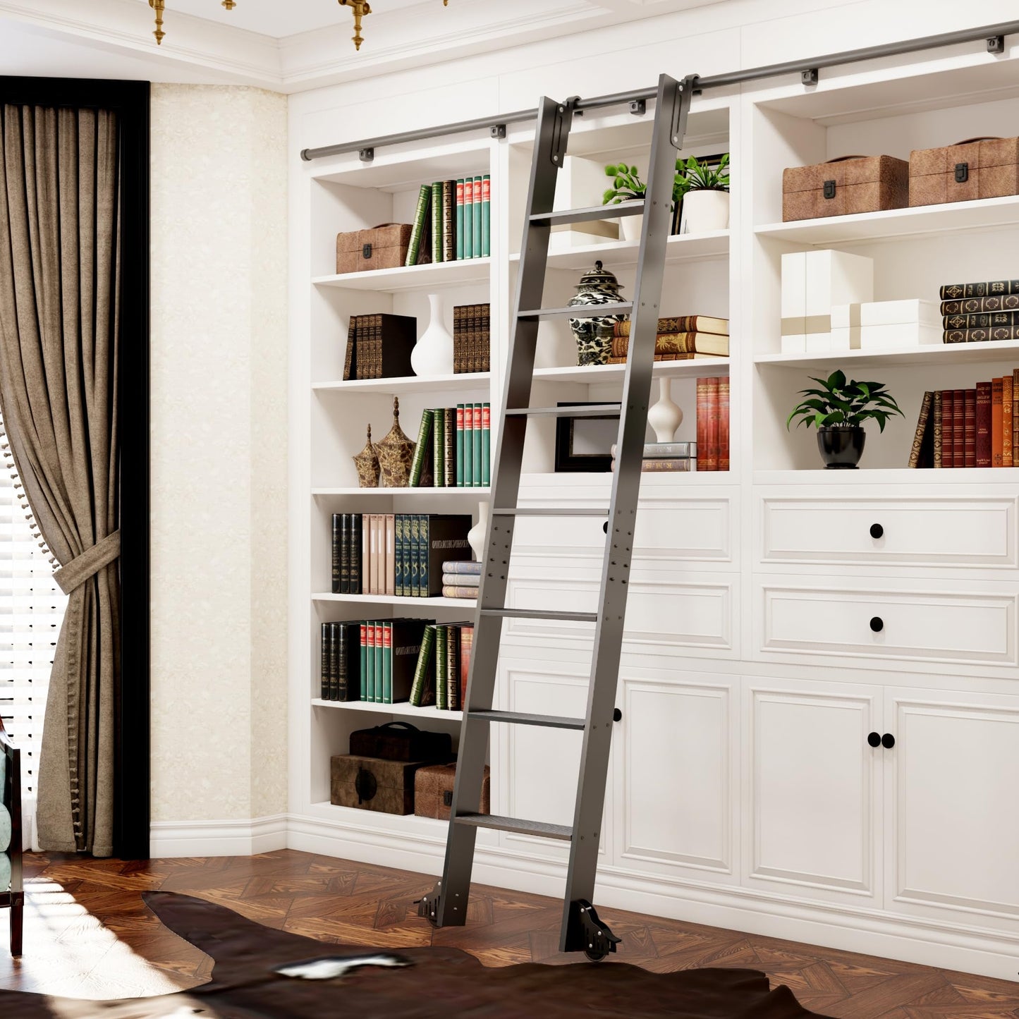 87" Sliding Library Ladder, Black +12FT Rolling Track Kit