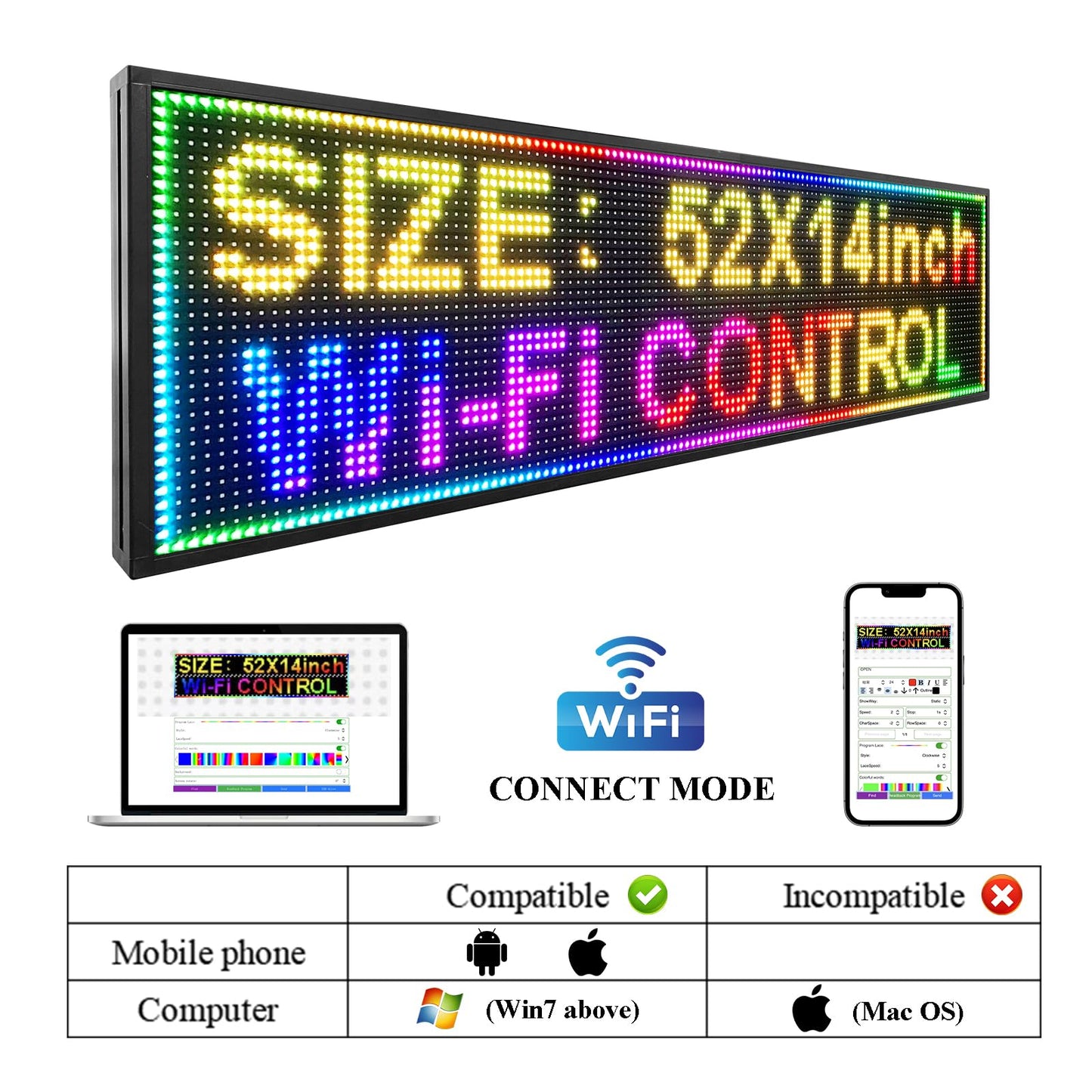 IFHSHYH P10 Outdoor Led Sign 52”x14” RGB Full Color WiFi Programmable Bright LED Scrolling Message Display Board, Perfect Solution for Advertising