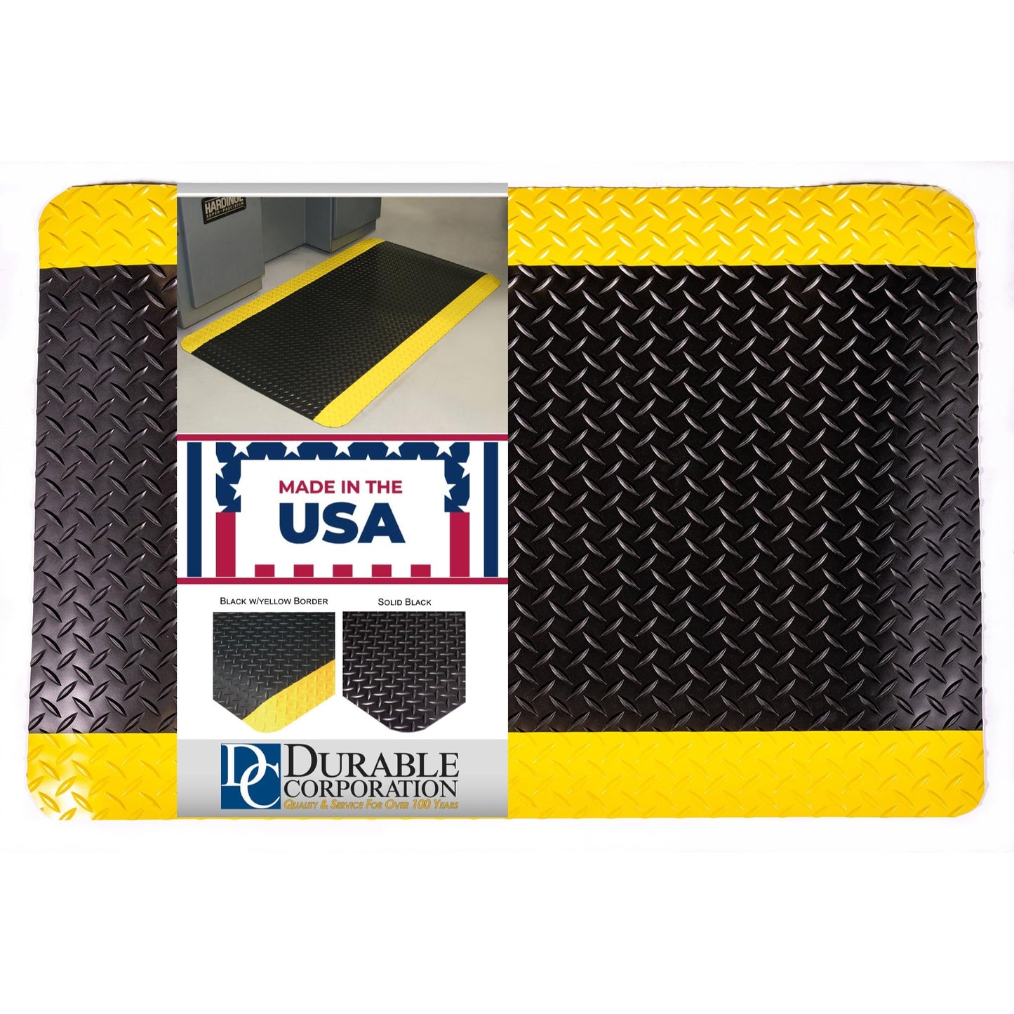 Durable Corporation Vinyl Heavy Duty Diamond-Dek Sponge Industrial Anti-Fatigue Floor Mat, 3' x 5', Black with Yellow Border