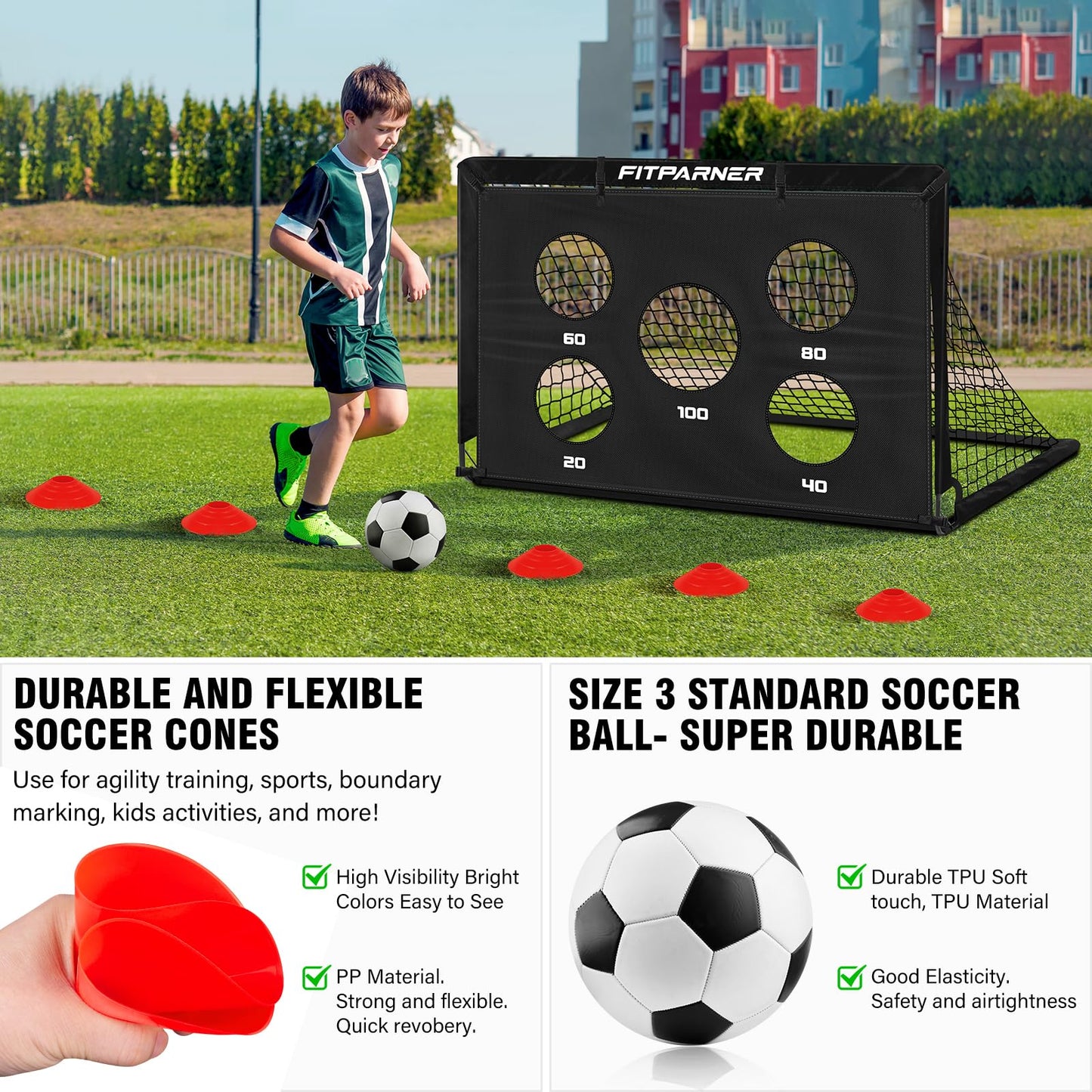 Kids Soccer Goals, 2 Pack 4x3 ft Soccer Nets for Kids Age 3-5 6-8 8-12 10-12-14, Backyard Training Equipment Set with Target, Ball, Cones for Goal Practice,Outdoor Game, Ideal Gift