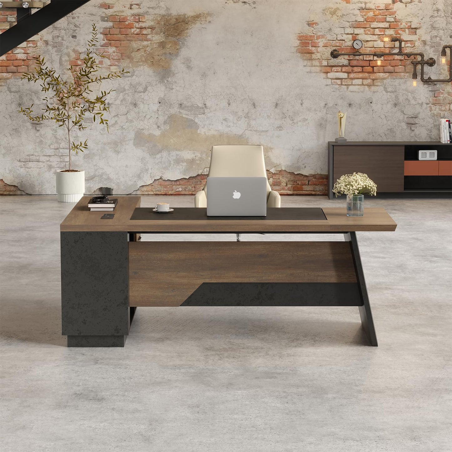SAINTCY L-Shaped Executive Desk, 78.74 Inches Large Office Desk, Modern Computer Desk Set with Drawers & Storage Shelves, Business Workstation for Home Office, Brown, Right Return
