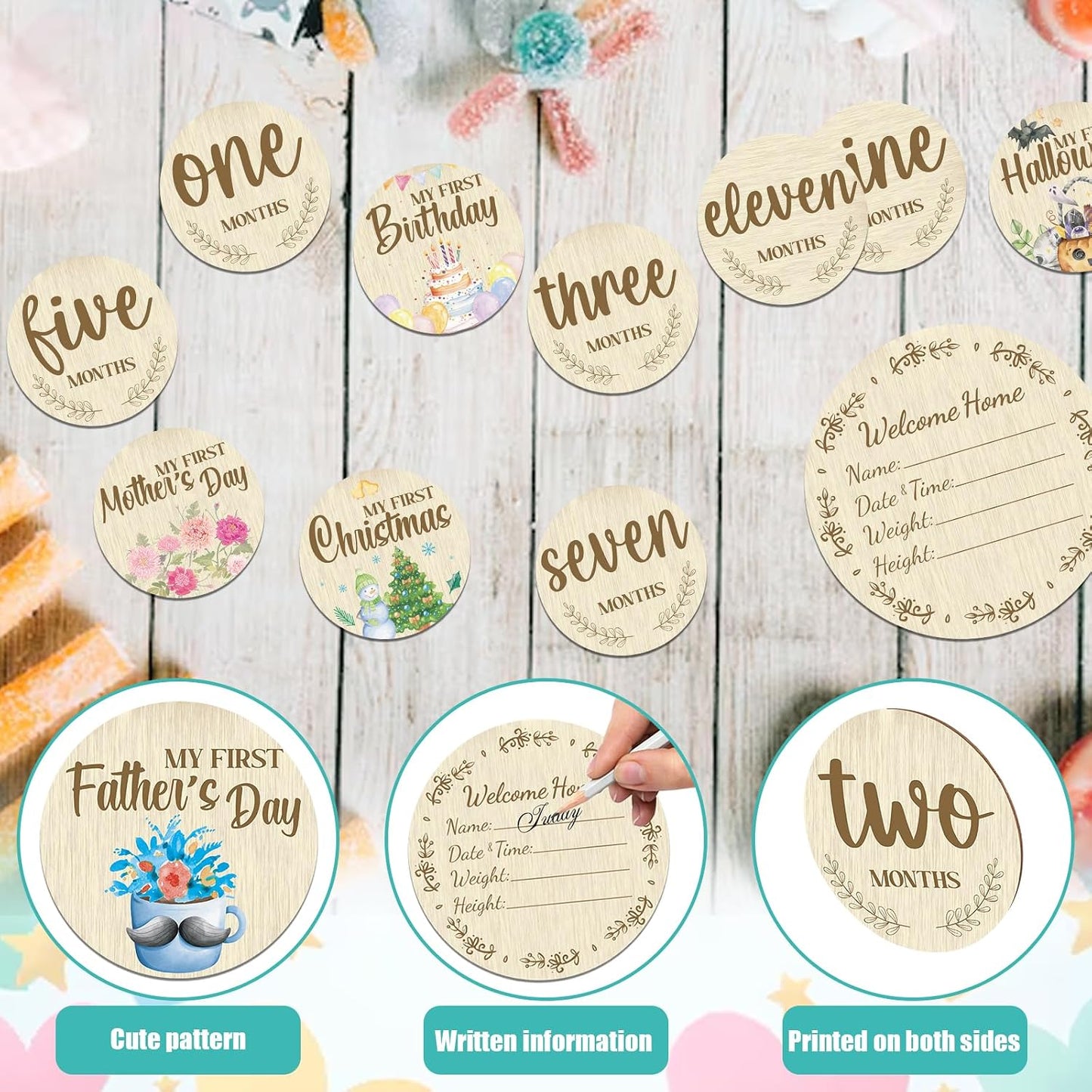Threetols 11PCS Wooden Baby Monthly Milestone Cards Sign, Double Sided Newborn Photography Prop Pregnancy Journey Baby