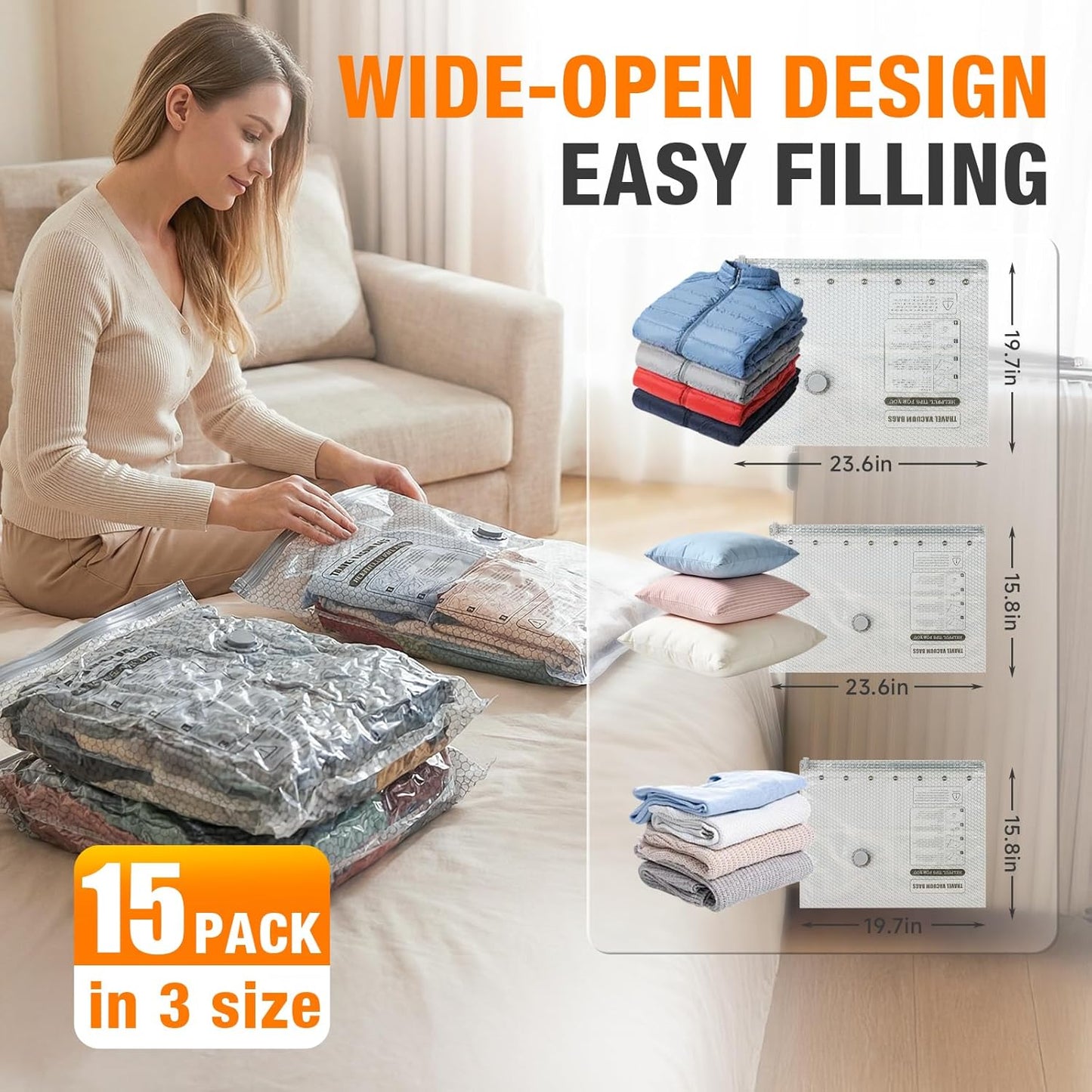 Space Saver Vacuum Storage Bags - Portable Electric Pump Included | 15 Combo for Clothes & Blankets