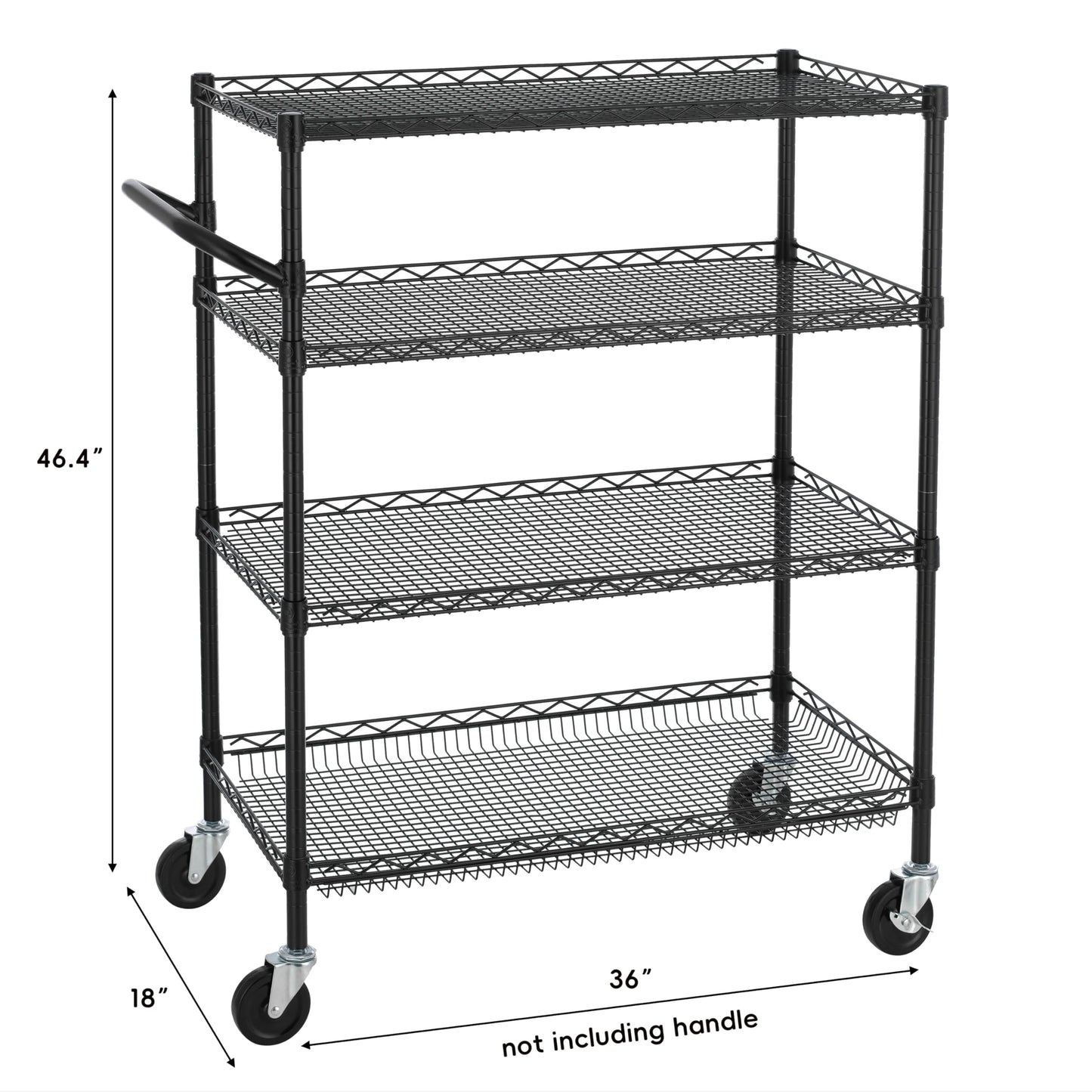 Finnhomy 4 Tier Heavy Duty Commercial Grade Rolling Cart with Handle Bar, Metal Wire Utility Cart with Wheels, Service Trolley on Wheels, Shelf Size 18" D x 36" W, NSF, Black