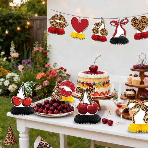 Cheetah Cherry Birthday Party Decorations Leopard Honeycomb Centerpieces Decor with Red and Black Cheetah Cherry Print Toppers Safari Animal Birthday Party Decorations Sulpplies for Women Girls