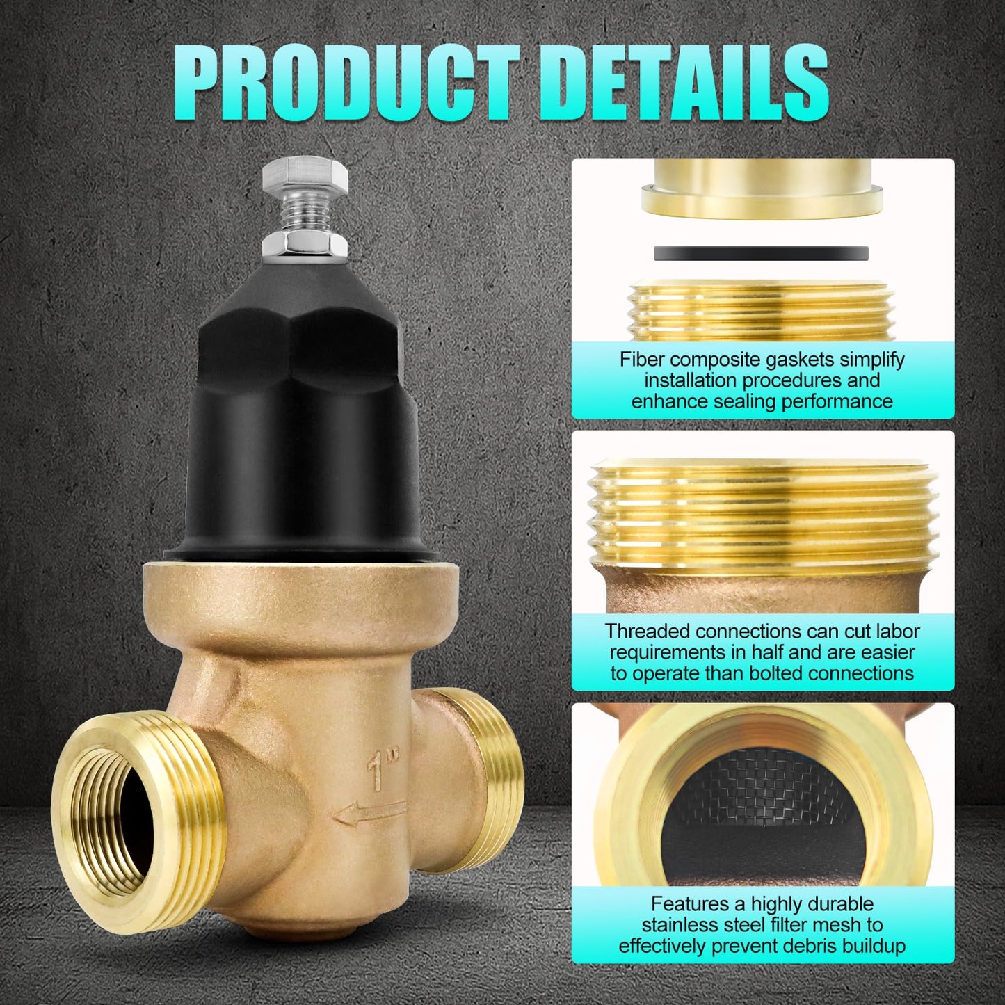 NR3XLDU 1" Brass Pressure Reducing Valve With Double Union FNPT Connection, Built-In Stainless Steel Filter, Primarily Used In Residential Settings And Public Entrances