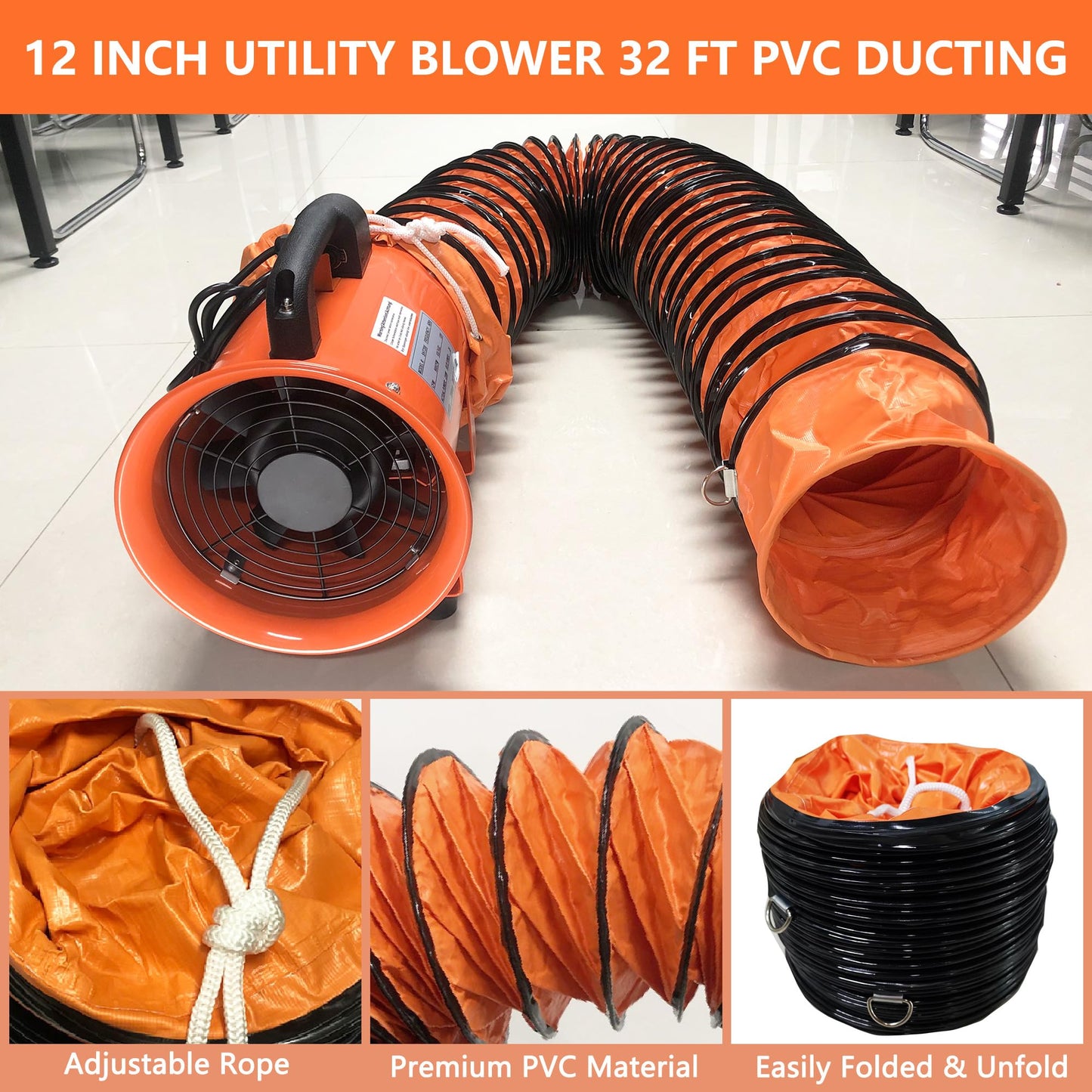 FICBXRA Utility Blower Fan 12 Inch Portable Axial Exhaust Fan 790W/7A 2300CFM High Velocity Ventilator with 32FT Duct Hose for Exhausting & Ventilating at Home and Job Site