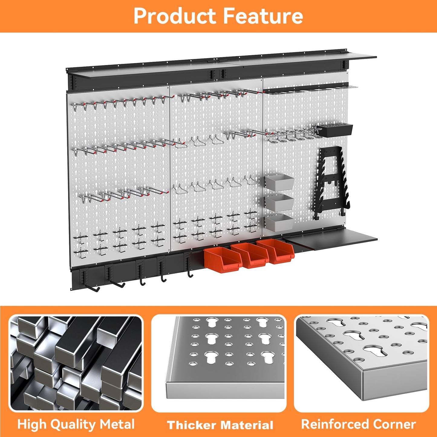 WALMANN 113 PCS Pegboard Wall Tool Organizer Kit with Pegboard Hooks, Bins, Pegboard Tools Storage System for Garage, Modular Peg Board, Tools Organizer Board with Hooks(Grey)