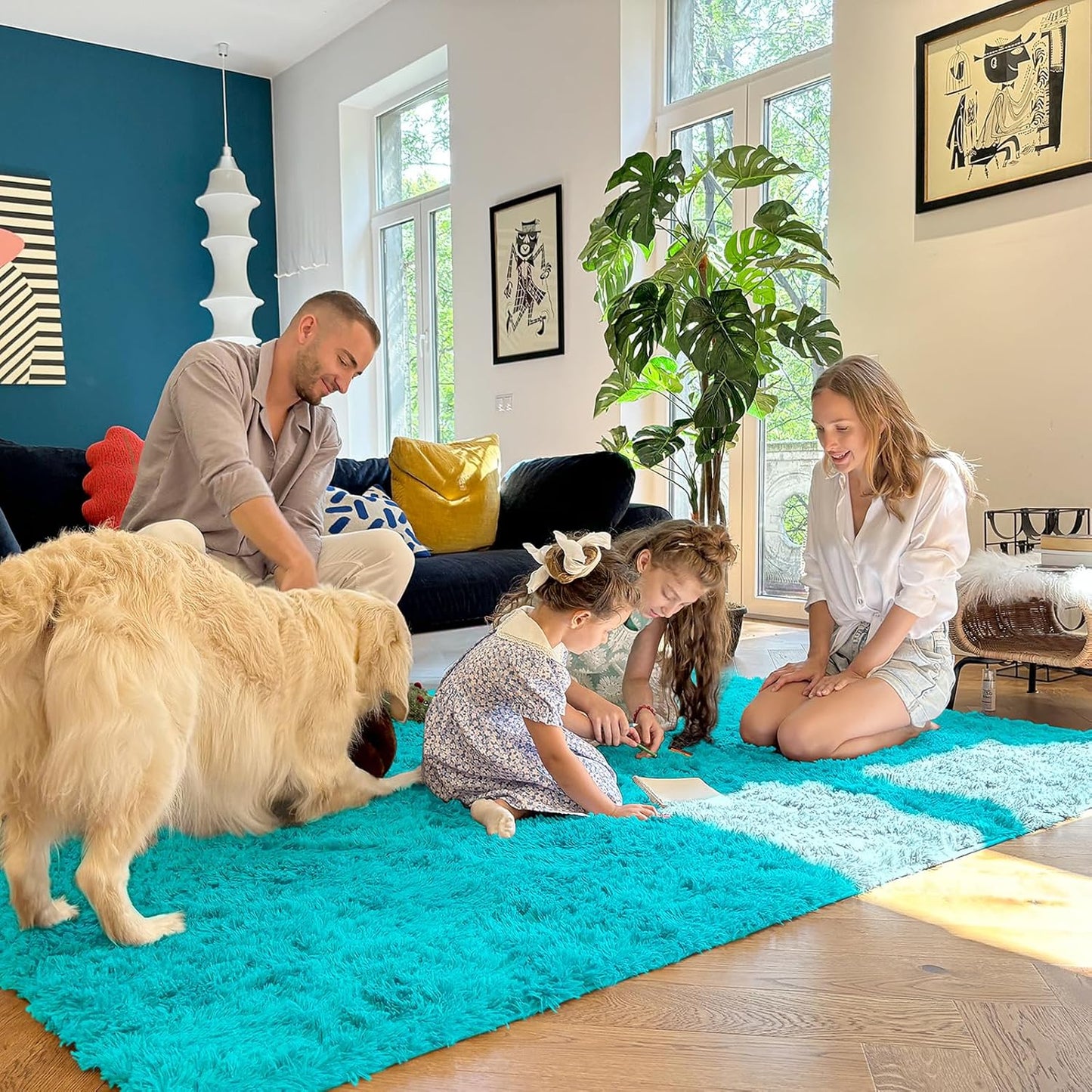 OLANLY 8x10 Large Area Rug - Soft Fluffy Shaggy Indoor Carpet for Living Room & Bedroom | Teal Blue