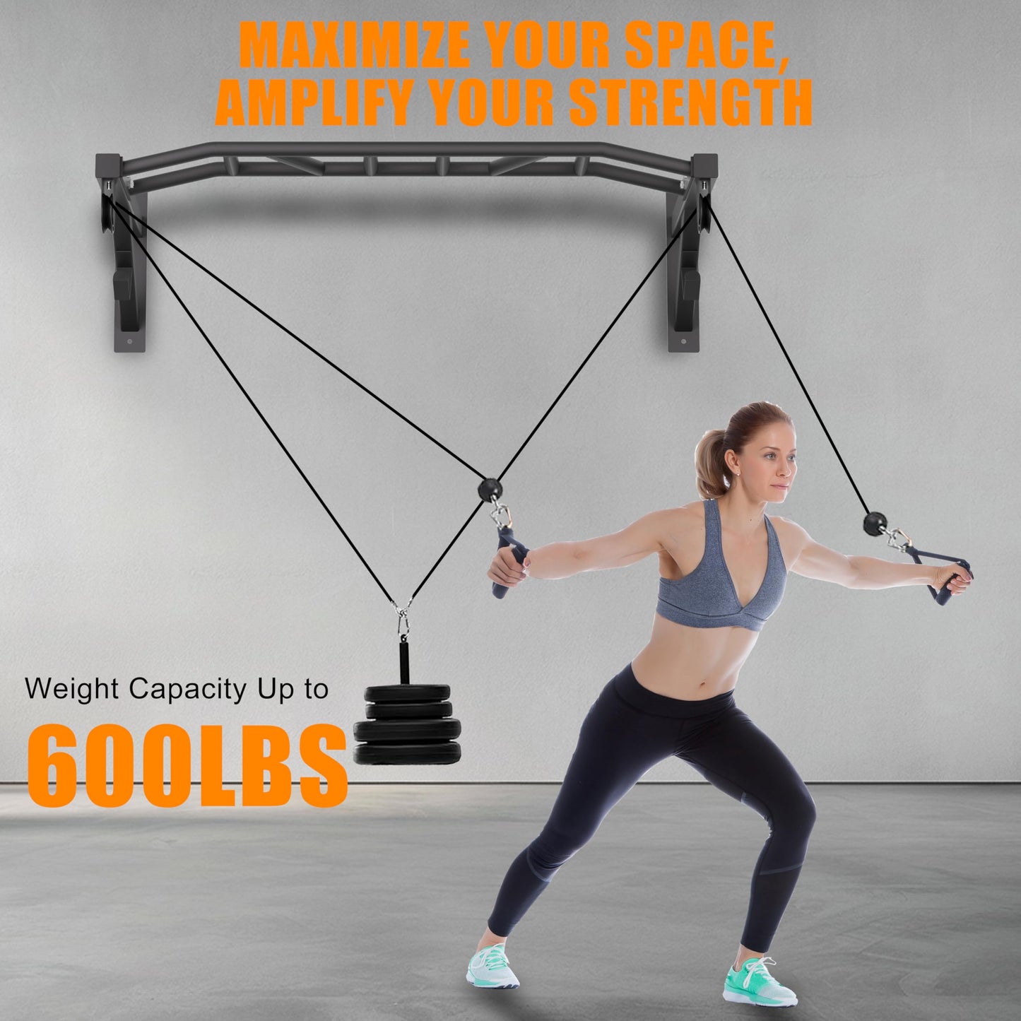 HWOOUSA Wall Mounted Pull Up Bar With Pulley System, 600lbs Heavy Duty Chin Up Bar, 48" Multi Grip Pullup Bar, for Garage Indoor Basement Workout Strength Training Equipment, Ease Of Use Mounting