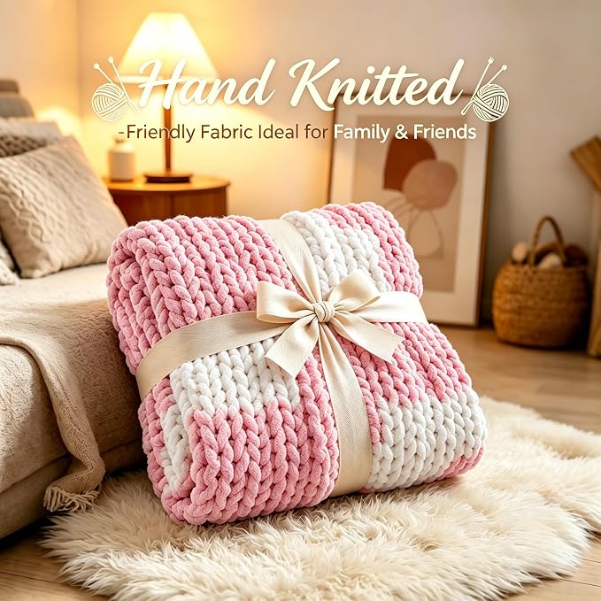 Admitrack Chunky Knit Blanket Throw 51"x63", 100% Hand Knit Chenille Throw Blanket for Sofa & Home Decor, Soft and Cozy Knitted Throw Blankets (Pink Checkered，51"x63")