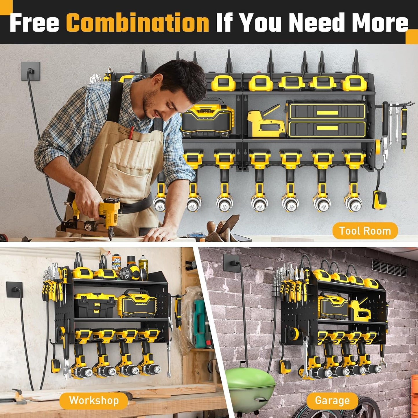 ZESEN Power Tool Organizer - 3-Layer Wall Mount Charging Station with 6 Outlets & Drill Holders - Black