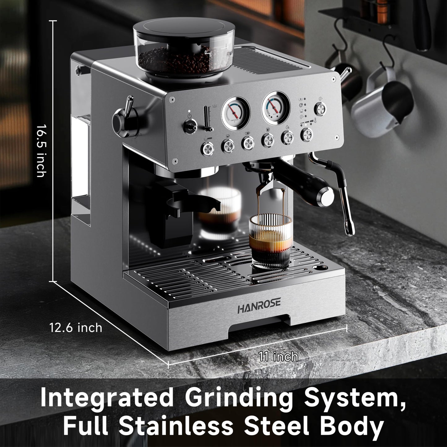 HANROSE Espresso Machine with Grinder, 20Bar Espresso Machine Stainless Steel, Coffee Machine with Milk Frother for Latte/Cappuccino, Adjustable Temperature, Independent Hot Water & Americano Function