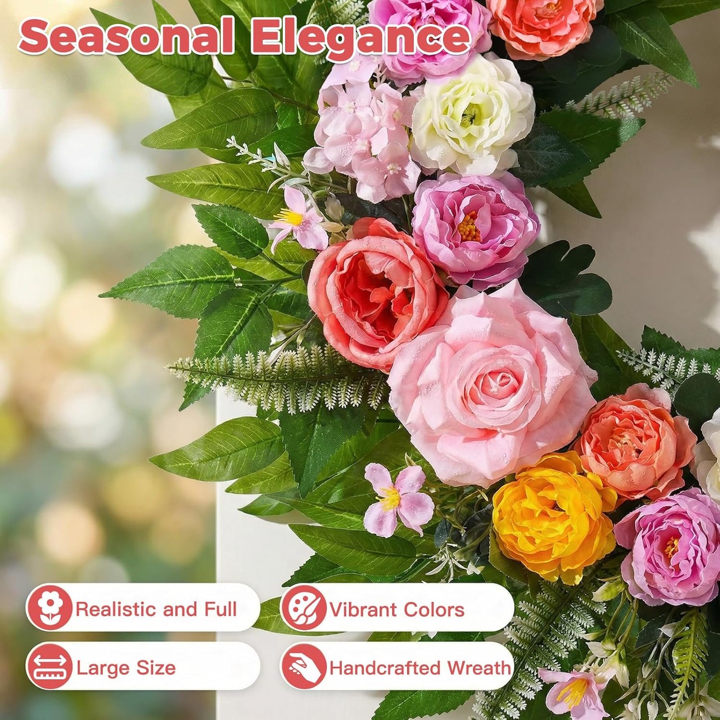 Yastouay 24-Inch Summer Wreath - Realistic Rose Peony Floral Decor for Front Door & Patio