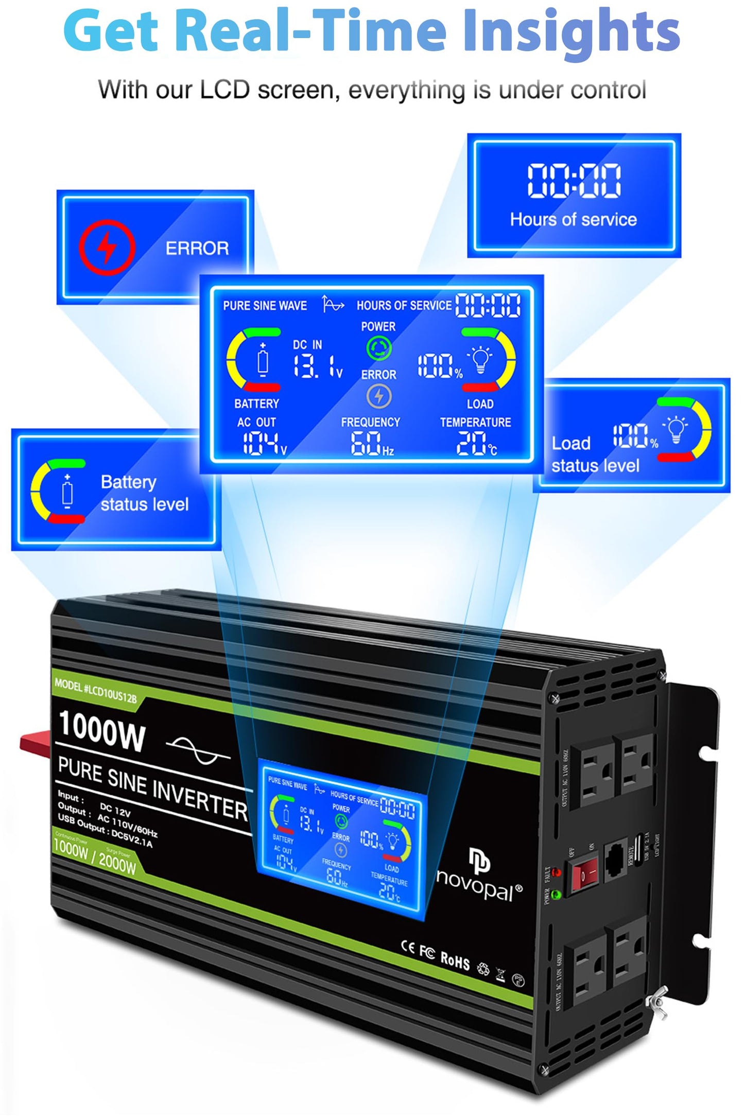 Novopal 1000 Watt Pure Sine Wave Power Inverter 12V DC to 110V/120V AC Converter- 4 AC Outlets Car Inverter with 1 USB Port-16.4 feet Remote Control,Two Cooling Fans and LCD Display Black