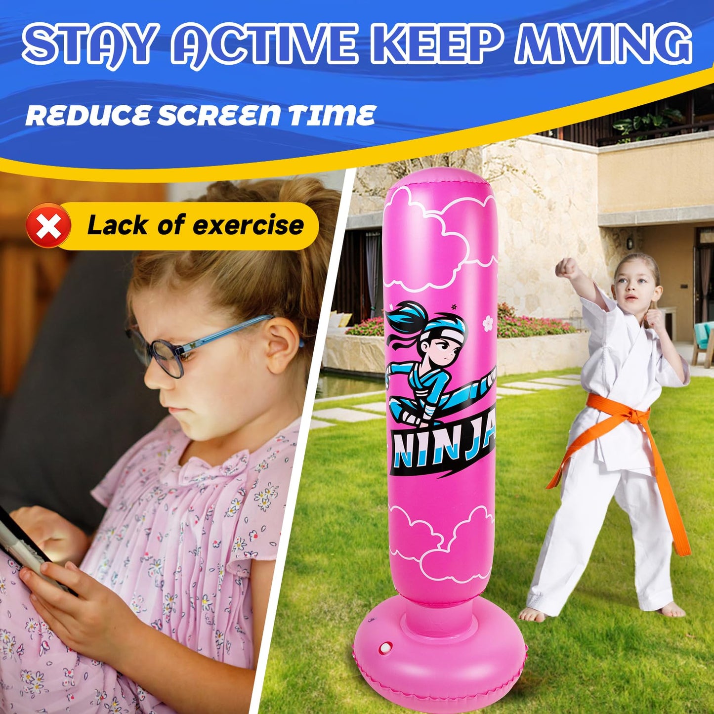 Onirii Kids Inflatable Punching Bag,66 Inch Large Stable Kids Inflatable Boxing Bag Toy Set with Gloves,Great Gifts for Boys & Girls Age 6-12 for Taekwondo,MMA and Practicing Karate