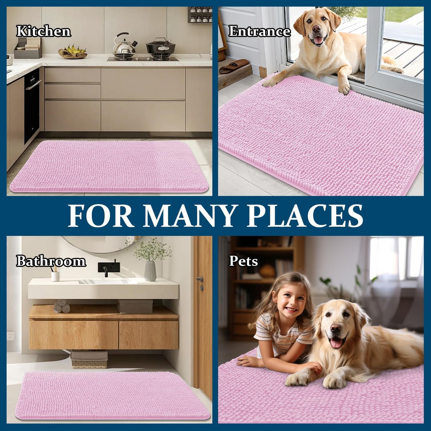 OLANLY Dog Door Mat - Absorbent Non-Slip Mud Mat for Indoor Use | Quick Dry Chenille, 47x17, Pink