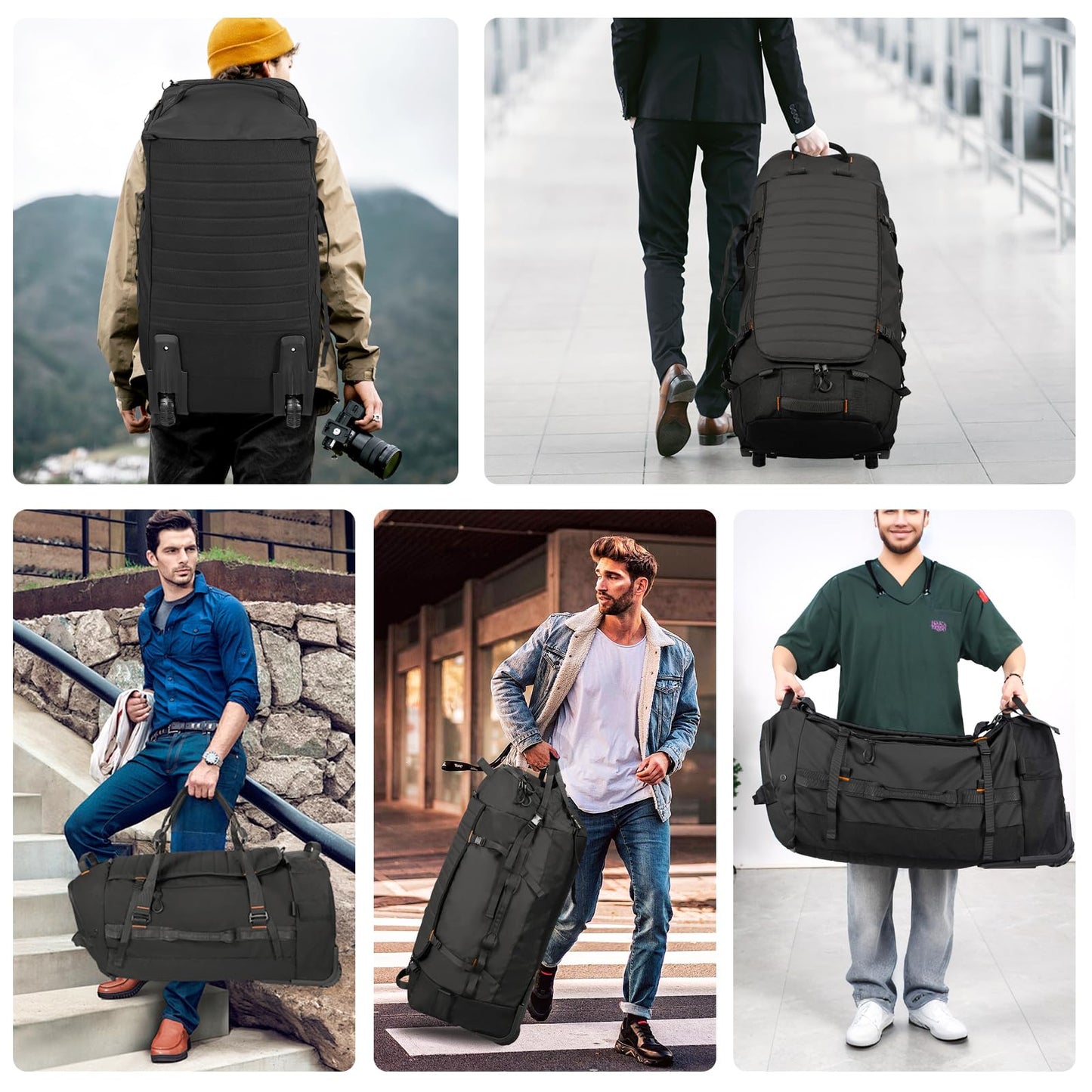 Vrtisa 85L 29“ Foldable Rolling Backpack with Wheels, Soft-side Travel Duffle Bag with Separate Shoe Compartment, Full Quilted Bottom,Black