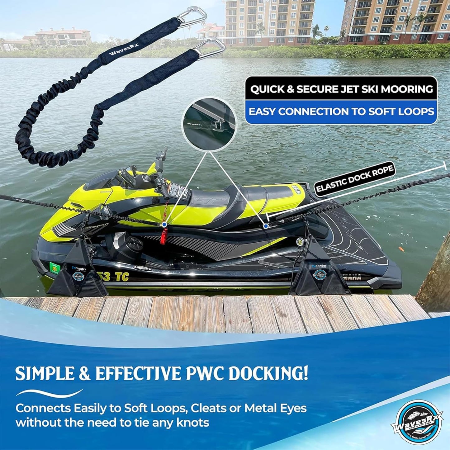 WAVESRX DockingPal™ - Premium Flat Bungee Dock Lines for Boats I Elastic Boat Dock Rope with Stainless Steel Carabiners | Stretches from 3' to 5' | Absorbs Shocks Prevent Damage to Jet Ski & PWC