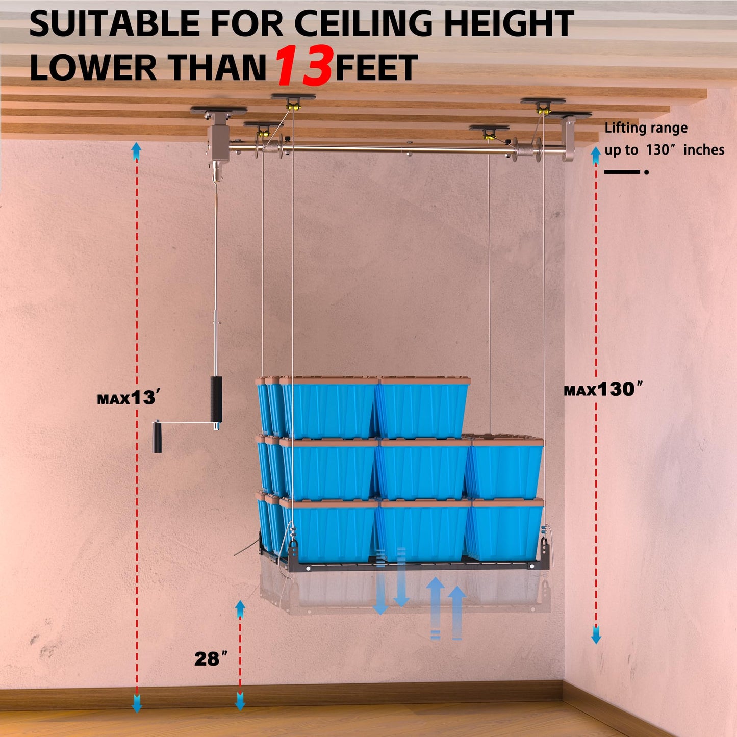 Soywey Garage Ceiling Storage Racks,4x4 FT Garage Storage Lift with Secure Lock,Heavyweight Overhead Rack for Easy Up Down,Industrial Elevator System Holds 400 Lbs