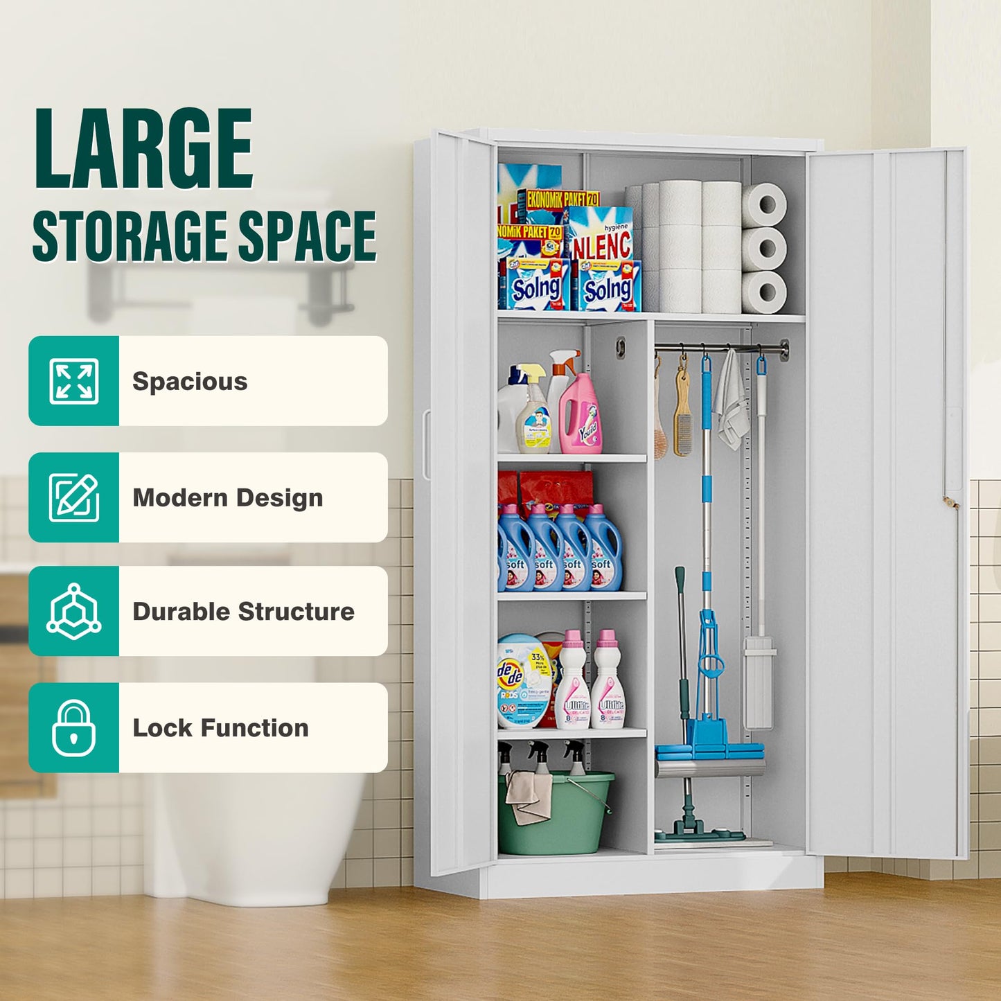 Wide & Deep Metal Storage Cabinet with Hanging Rod,White Broom Closet Storage Cabinet with Lock,72" Tall Wardrobe Cabinets with Doors and Shelves,Locking Steel Tool Cabinets for Home,Office,Garage