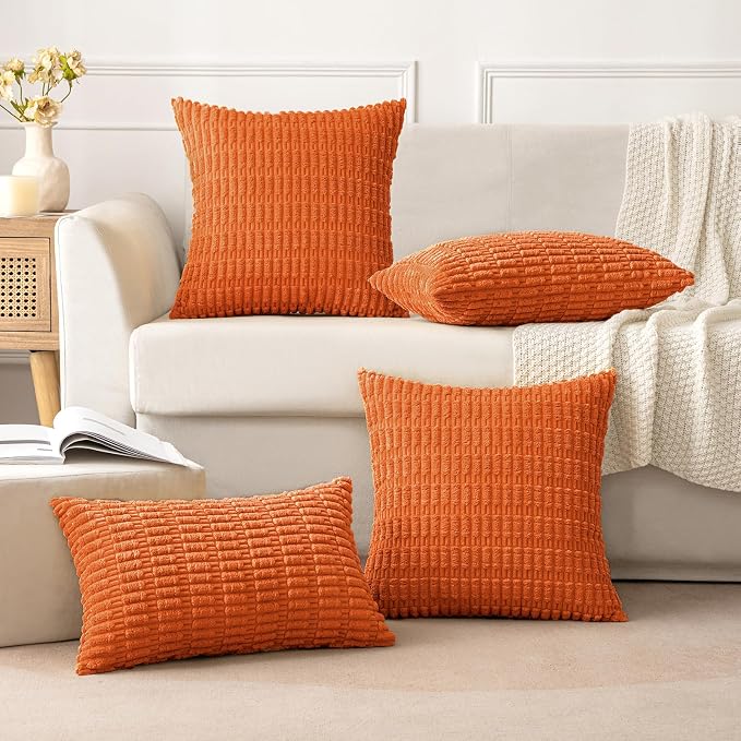 MIULEE Pack of 2 Orange Corduroy Decorative Lumbar Pillow Covers 20x12 Inch Soft Boho Striped Throw Pillow Covers Modern Farmhouse Home Decor for Summer Sofa Living Room Couch Bed