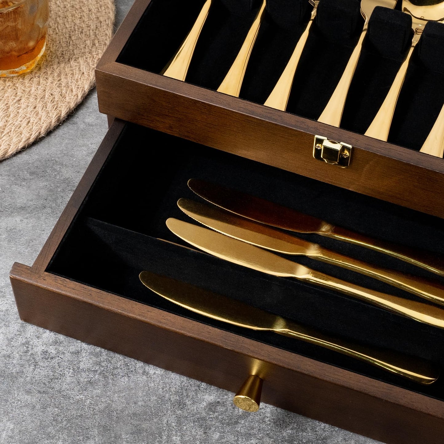 Yoimori Silverware Box, 2-Layer Wooden Silverware Storage Box with Glass Lid, 14.5×10.6 Inches Luxury Style Decor Flatware Storage Case for Fine Flatware & Utensils, Gift Idea (Walnut)