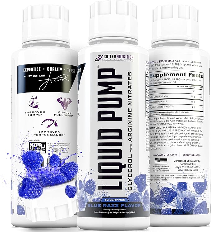 Liquid Pump - Glycerol and Arginine Nitrates for Optimized Pump pre-Workout Liquid Caffeine Free Non stim pre-Workout for Energy and Performance and nictic Oxide Booster | Blue Raspberry Flavor
