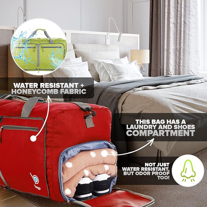 Bago Large Foldable Duffel Bags for Traveling Women & Men - 80L Packable Duffle Bag for Travel with Shoe Compartment - Water Repellant, Heavy Duty, Lightweight Folding & Collapsible (Red)