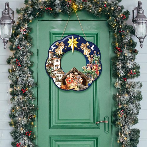 Holy Family Wreath Decorations Christmas Front Door Wreaths Sign Wooden Nativity Scene Christmas Wreath Religious Door Decoration for Window Xmas Home Wall Decor(Holy Family)