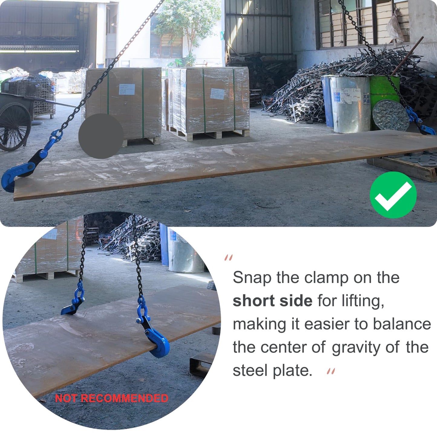 Horizontal Steel Plate lifting clamp kit-0.8t capacity with High Strength Manganese Steel 1.5m Chain|ASME B30.20 Certified plate clamp & Rigging Set