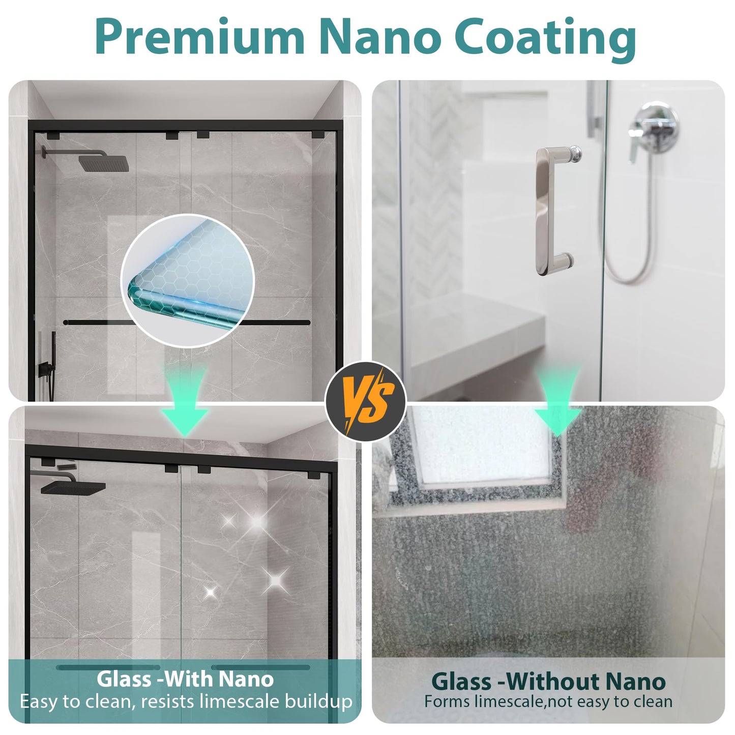KPUY Glass Shower Door, 49-54" W x 76" H Semi-Frameless Double Sliding Shower Door, 1/4" (6mm) Thick Tempered Clear Glass with Explosion-Proof Film Nano Coating, Matte Black