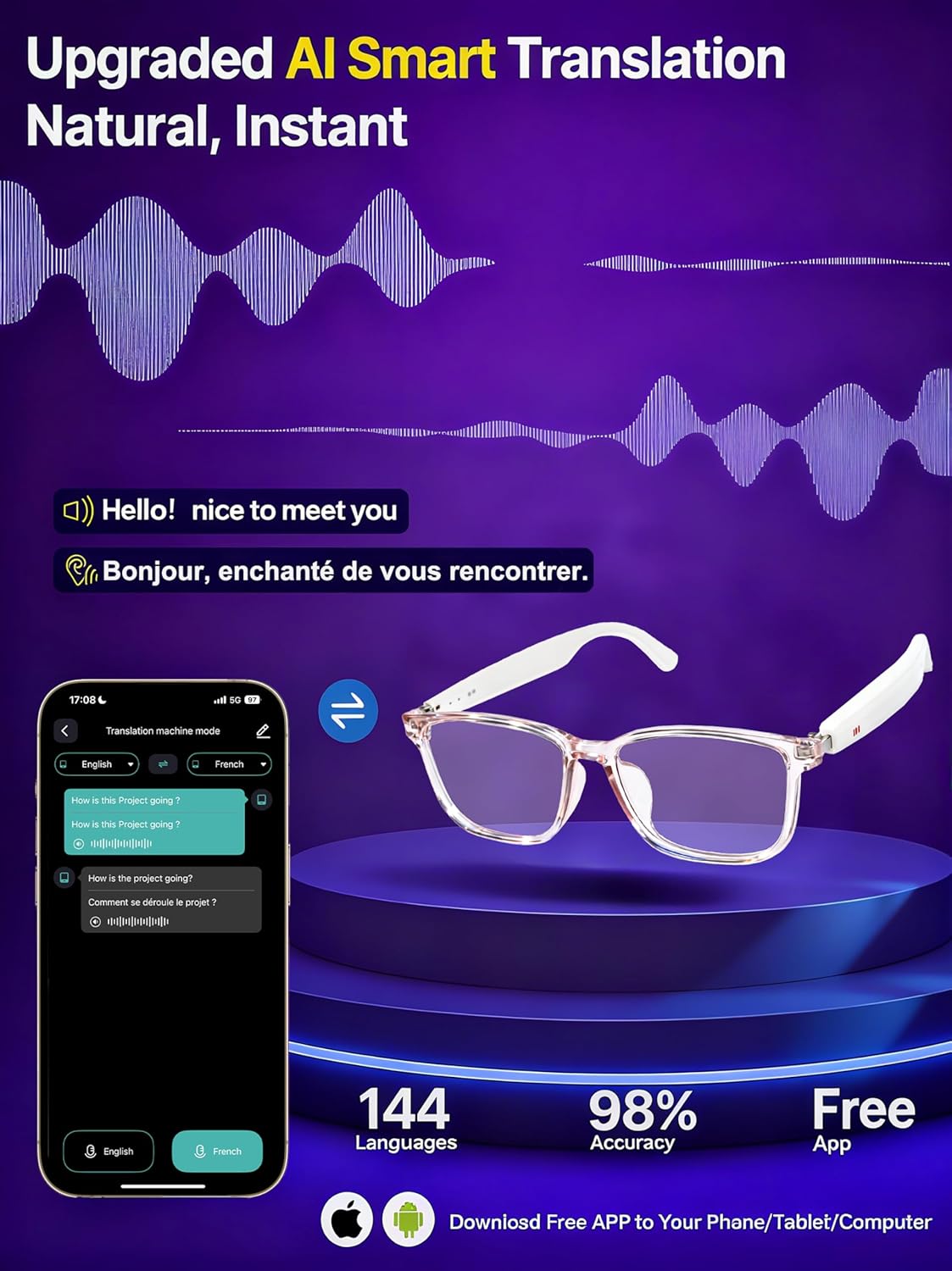 MNVOEQ IP65 Smart Bluetooth Glasses, AI Voice Translation Eyewear with Integrated Speakers and Microphone, Hands-Free