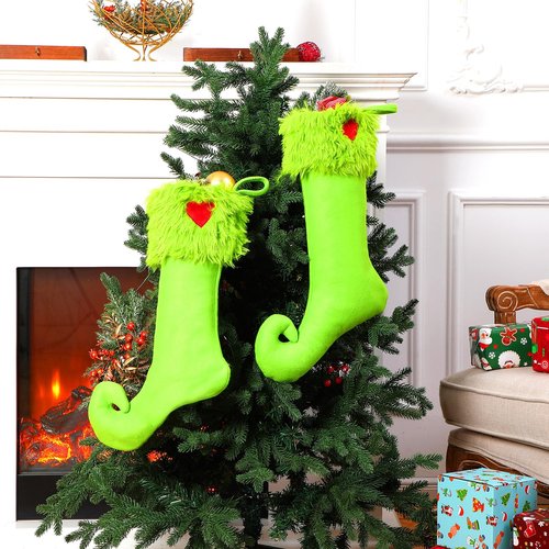 Coume 4 Pcs 19 Inch Lime Green Christmas Stockings Green Faux Fur Xmas Elf Stockings Hanging Christmas Treat Bag Candy Pouch Holder Fireplace Hanging Decor for Xmas Holiday Family Party