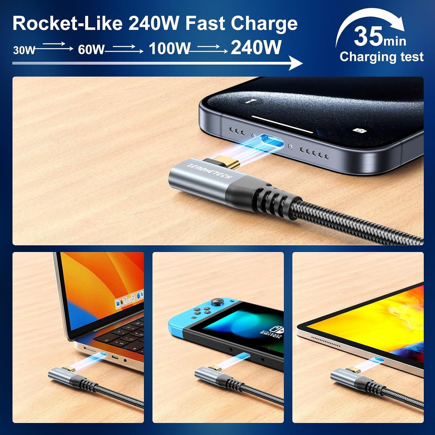 12 inch 4 1FT, 40Gbps 8K@60Hz 240W 90 ZeroneTeck USB C for Thunderbolt Cable High Speed Data Transfer Short, Right