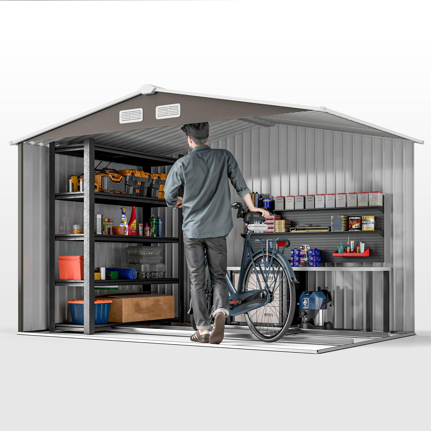 Outsunny 9' x 6' Outdoor Storage Shed, Garden Tool Metal Shed with Foundation Kit, Double Lockable Door, Air Vents and Sloping Roof, for Backyard, Patio, Lawn, Light Gray