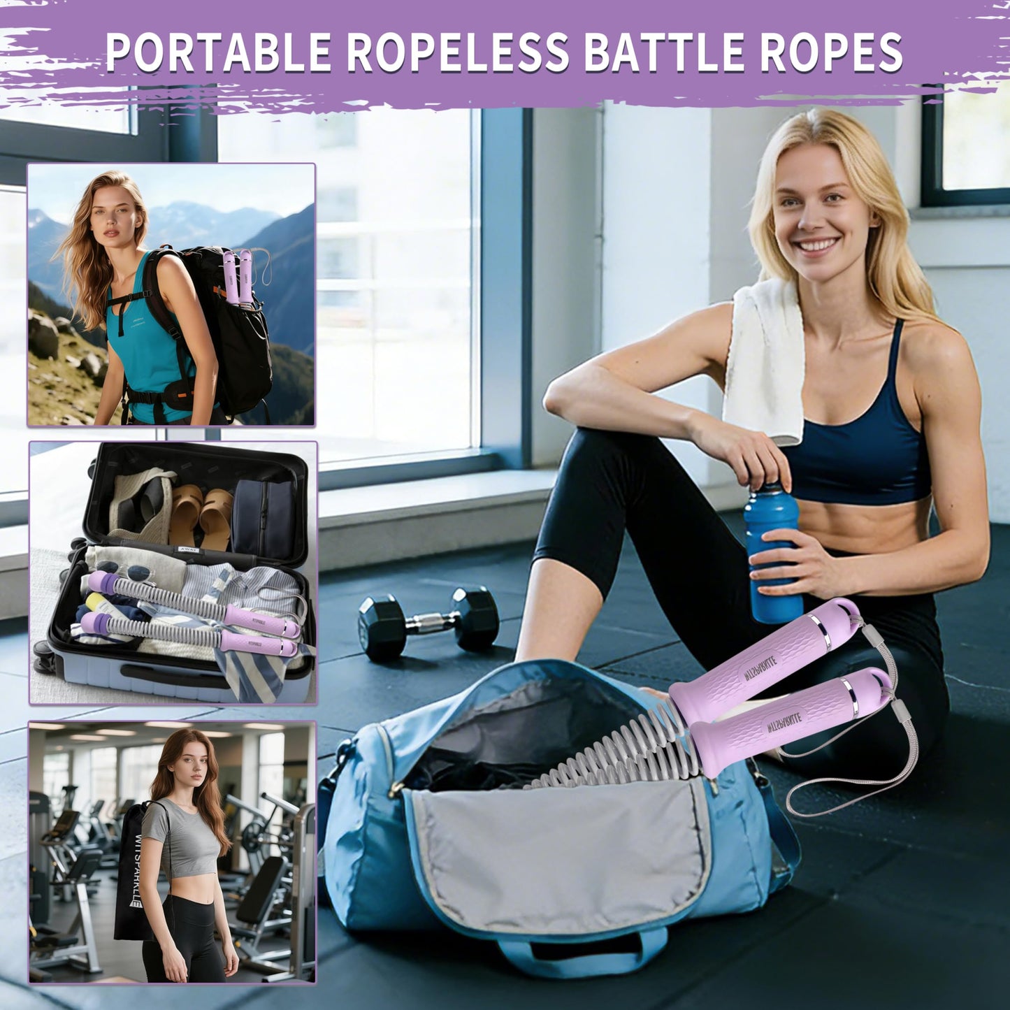 WITSPARKLLE Ropeless Battle Ropes, Adjustable Cordless Battle Ropes with Resistance Springs, Weighted Portable Workout Rope for Home Gym, Low-Impact HIIT Training Equipment for Men & Women (Purple)