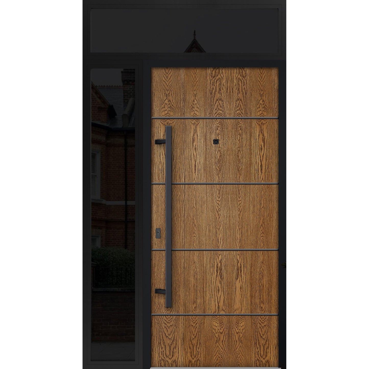 VDOMDOORS Front Exterior Prehung Steel Door/Deux 6683 Natural Oak/Side and Top Exterior Window Sidelite/Entry Metal Modern Painted W36+16" x H80+16" Right Hand Inswing