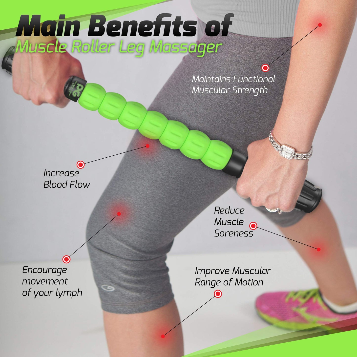 Physix Gear Roller Stick - Muscle Roller Massage Stick for Legs, The Stick Massage Roller for Deep Tissue Massaging Stick for Athletes, Physical Therapy Muscle Roller, Recovery Stick Roller, Green