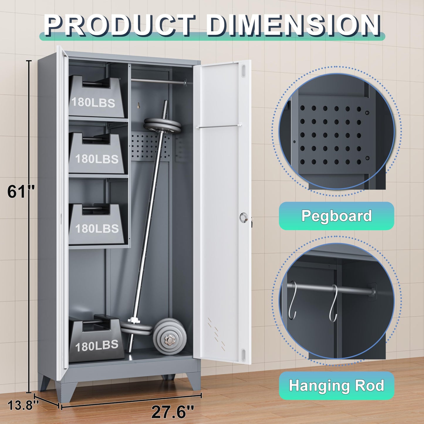 OSKEBABO Broom Closet Storage Cabinet, Garage Storage Cabinet with Pegboard & Hanging Rod, 61" H Metal Utility Cabinet with Lockable Doors for Garage, Laundry Room, Home Office, Gray and White