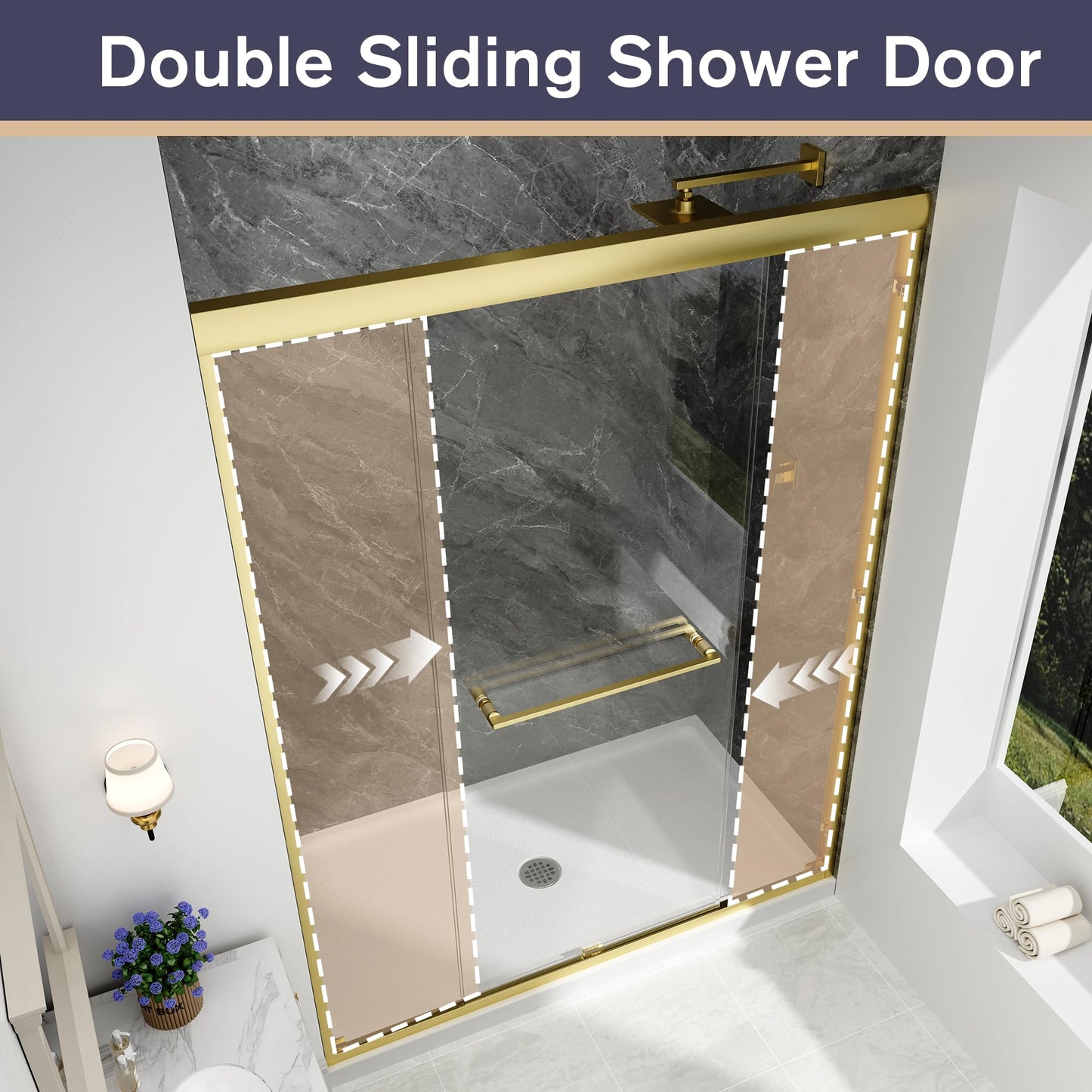 EASYWORC Double Sliding Shower Door, 49"-54" W x 70" H Semi-Frameless Glass Shower Door, 1/4'' (6mm) Clear SGCC Tempered Glass with Explosion-Proof Film and Nano Coating, Brushed Gold