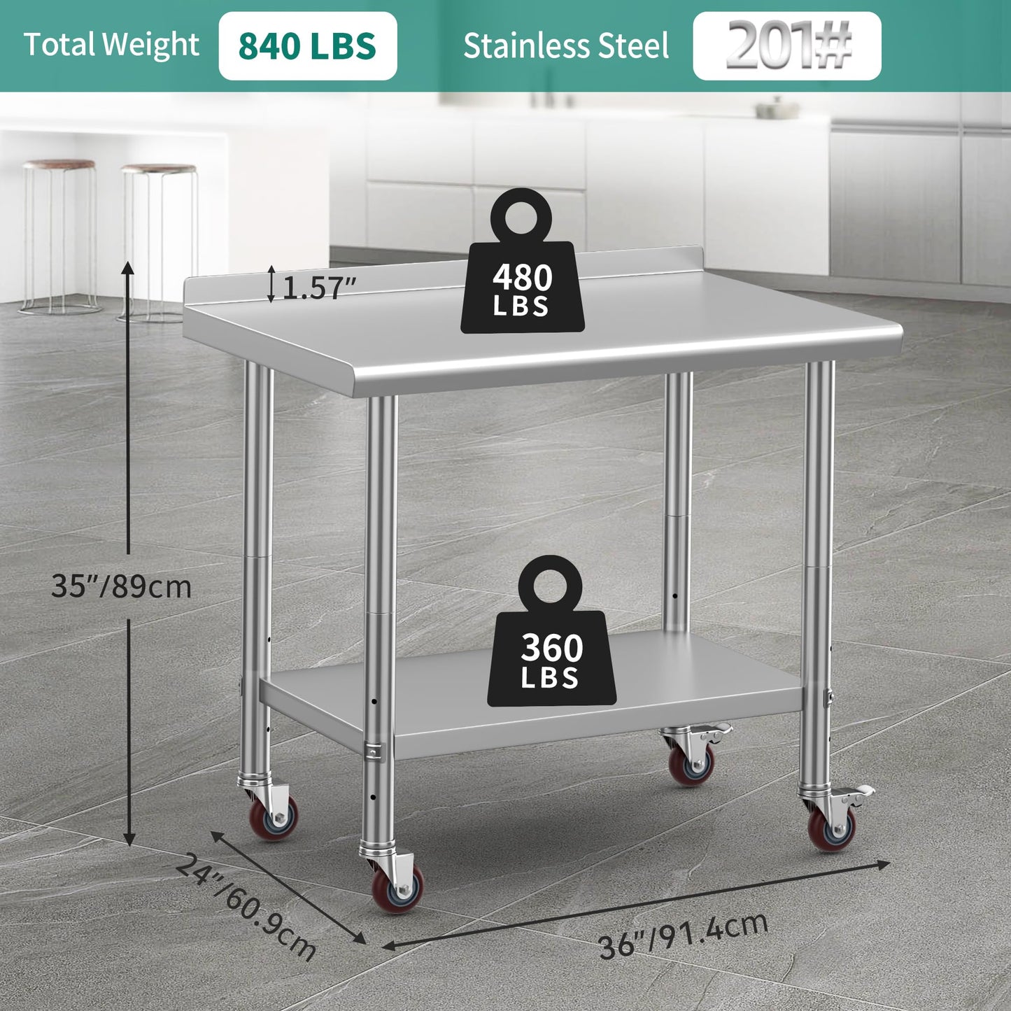 YITAHOME 36" x 24" Stainless Steel Table with Wheels for Prep & Work with Backsplash, NSF Metal Table Prep Table with Undershelf for Home Kitchen Restaurant Garage Warehouse