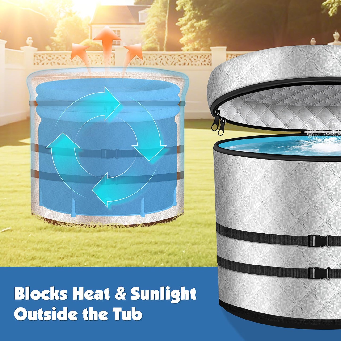Ice Bath Tub Cover, 3 Layers Insulation and Silver UV Heat Reflective Cold Plunge Tub Cover with 2pcs Long Straps, Zip Up All Weather Protection, 32.5''D x 30.5''H