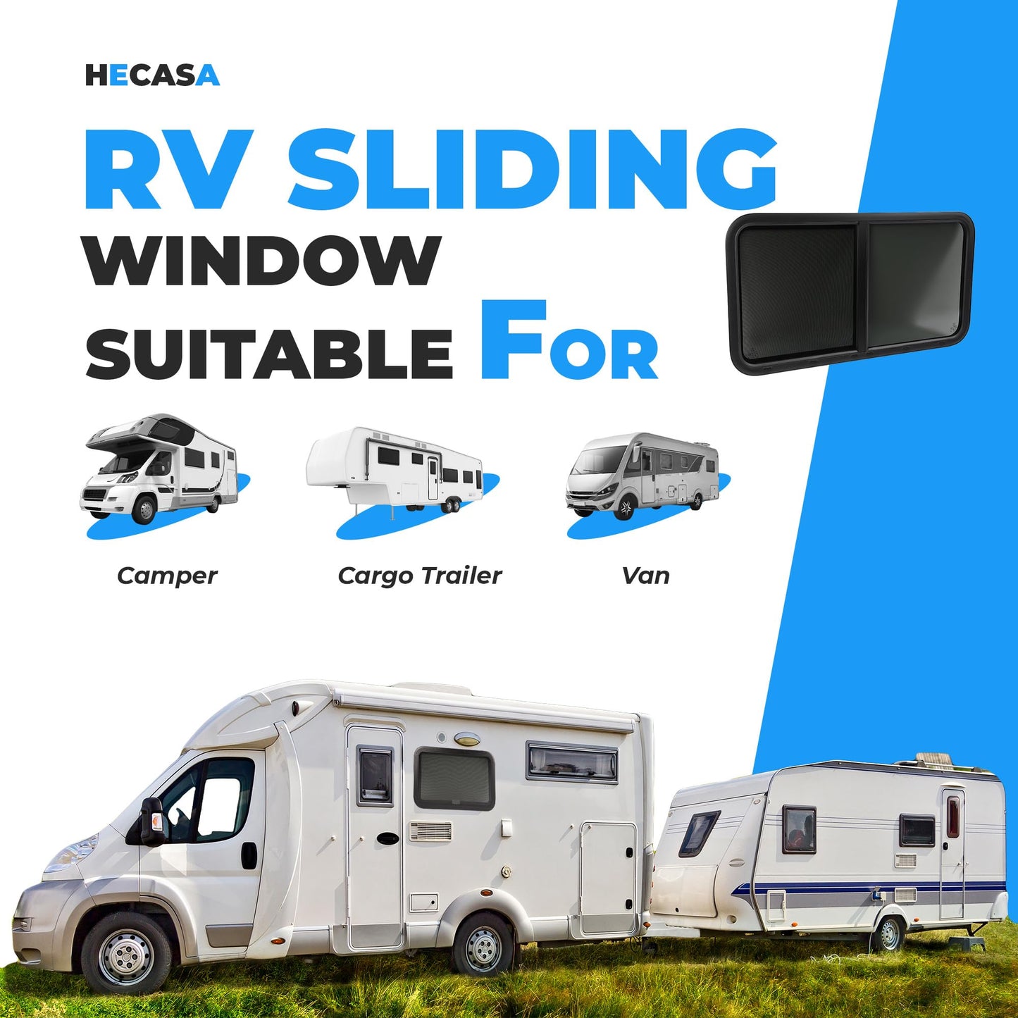 HECASA RV Window Teardrop Horizontal Sliding 42inW x 22inH, Tempered Glass, Powder Coated Black, Model MO-5414, 1PC